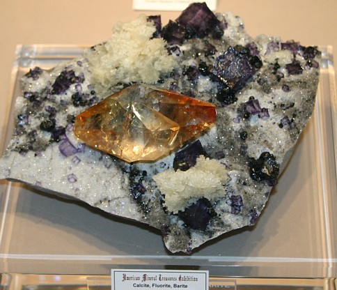 Barite (yellow / orange) with Fluorite and Calcite